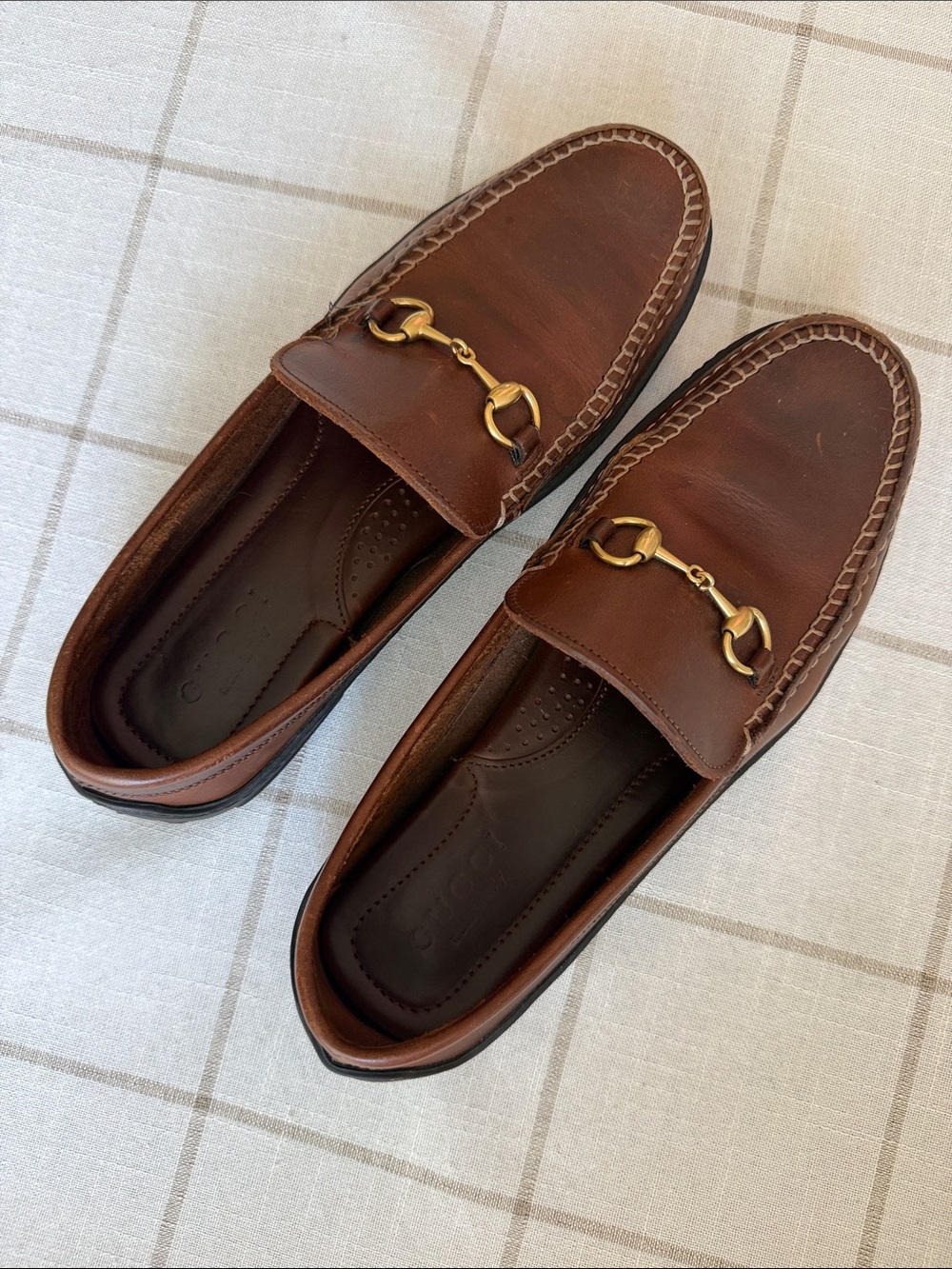Gucci Brown Leather Gold Horsebit Loafers Size 8